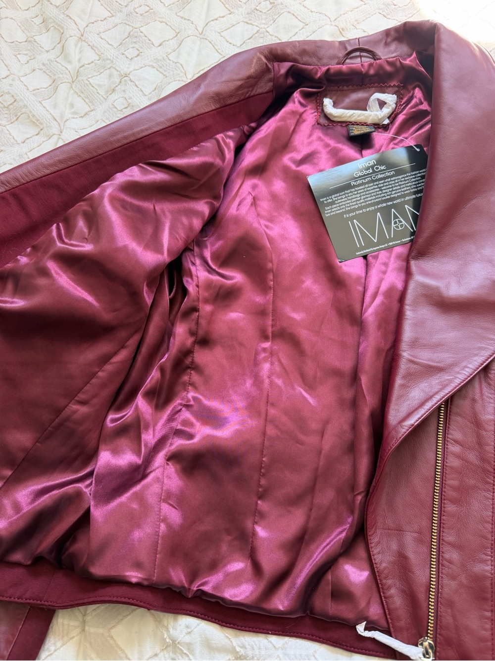 IMAN Wine Red Leather Moto Jacket with Knit Sides - Picture 11 of 12